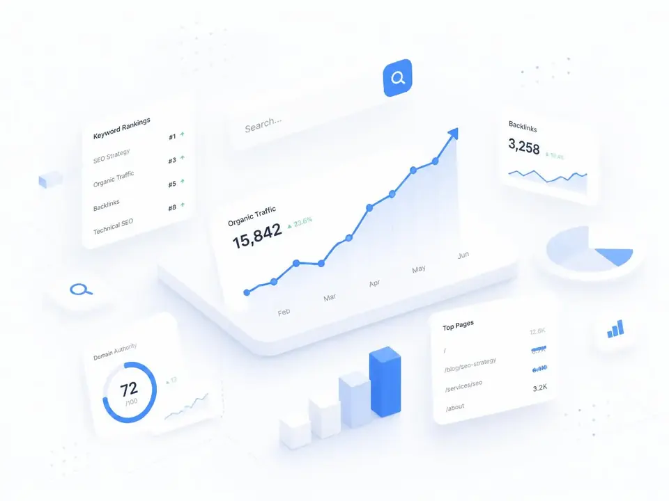 SEO analytics dashboard visualization with keyword rankings and organic traffic growth